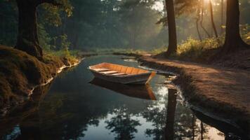 A serene boat floats in a tranquil forest river, illuminated by soft morning light. photo