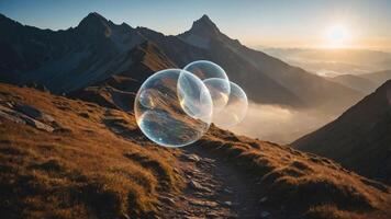 A serene mountain landscape with soap bubbles floating in the foreground at sunset. photo