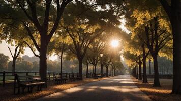 A serene park pathway lined with trees, illuminated by the morning sun. photo