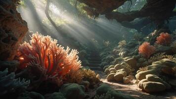 A serene underwater scene with vibrant coral and soft light filtering through the water. photo