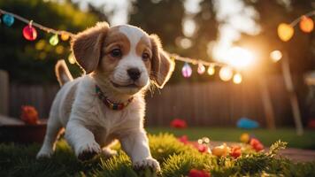 A playful puppy runs on grass with colorful decorations in a sunny backyard setting. photo