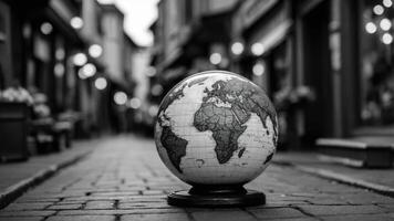 A monochrome globe sits on a cobblestone street, highlighting geography and exploration. photo