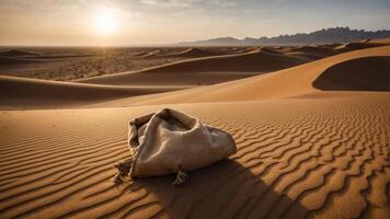 A serene desert landscape with a textured sand dune and a draped cloth in the foreground. photo
