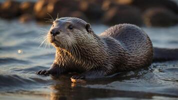 A playful otter emerging from water, showcasing its sleek fur and curious expression. photo