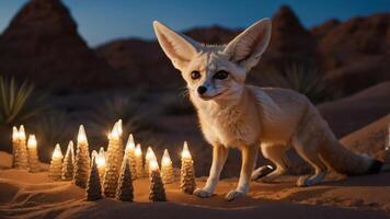 A fennec fox stands among candle-like structures in a desert landscape at dusk. photo