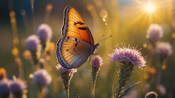 A vibrant butterfly perched on a flower, illuminated by soft sunlight in a natural setting. photo