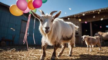 A playful goat stands with colorful balloons in a sunny farm setting. photo