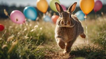 A playful rabbit running through a field with colorful balloons in the background. photo