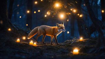 A fox stands amidst glowing candles in a dark forest, creating a magical atmosphere. photo