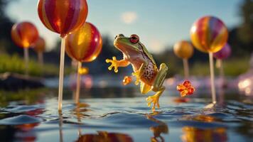 A vibrant frog leaps among colorful lollipop-like structures in a whimsical water setting. photo