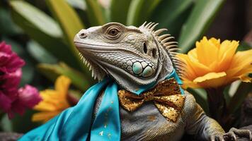 A dressed iguana poses with vibrant flowers, showcasing a playful and creative scene. photo
