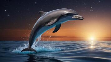 A dolphin leaps gracefully above ocean waves at sunset, showcasing nature's beauty. photo