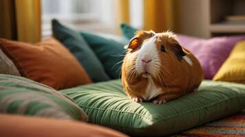 A guinea pig resting on a colorful cushion in a cozy indoor setting. photo