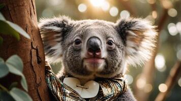 A koala with a decorative collar perched on a tree, surrounded by soft sunlight. photo