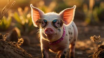 A playful pig wearing sunglasses in a sunny outdoor setting. photo