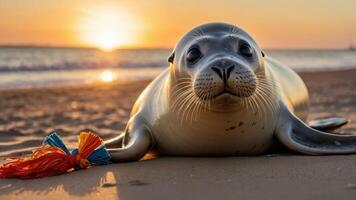 A seal resting on the beach at sunset, showcasing a tranquil coastal scene. photo
