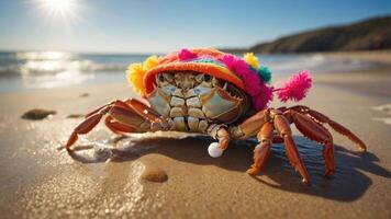 A colorful crab wearing a vibrant hat on a sunny beach. photo