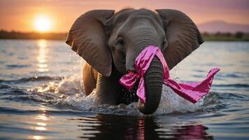 An elephant playfully splashes in water while holding a pink bow, with a sunset in the background. photo