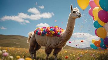 A decorated llama stands in a colorful field, surrounded by balloons and flowers. photo