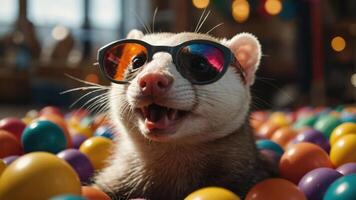 A playful ferret wearing sunglasses amidst colorful balls, exuding joy and fun. photo