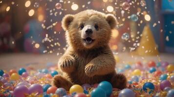 A playful bear cub surrounded by colorful balls and bubbles in a festive setting. photo