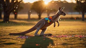 A kangaroo adorned with colorful leaves hops through a sunlit field, creating a festive atmosphere. photo