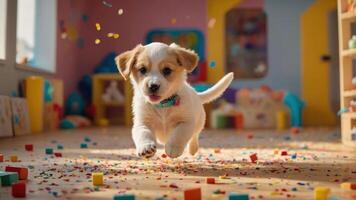 A playful puppy runs joyfully through a colorful room filled with confetti and toys. photo