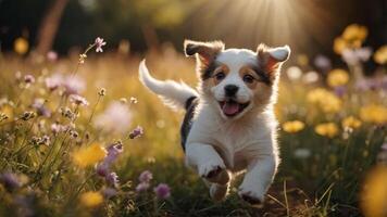 A playful puppy runs joyfully through a field of colorful flowers in sunlight. photo