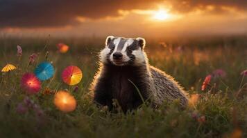 A badger in a vibrant field at sunset, surrounded by colorful umbrellas. photo