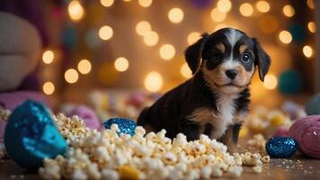 A cute puppy surrounded by popcorn and colorful decorations, creating a festive atmosphere. photo