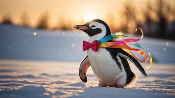 A penguin dressed in a bow tie and colorful ribbons walks in the snow at sunset. photo