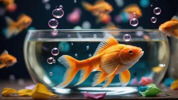 A vibrant goldfish swims in a bowl surrounded by colorful bubbles and paper scraps. photo