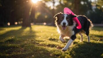 A joyful dog runs with a pink frisbee in a sunlit park, capturing a moment of playfulness. photo