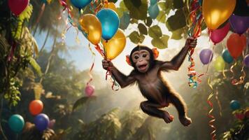 A playful monkey swings with colorful balloons in a vibrant jungle setting. photo