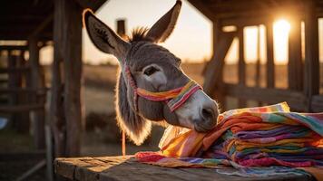 A donkey rests beside colorful blankets at sunset, capturing a serene moment in nature. photo