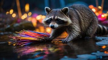A raccoon gathers colorful sticks by a serene water source, illuminated by soft lights. photo
