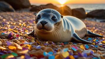 A seal resting on a colorful pebbled beach at sunset, surrounded by vibrant stones. photo