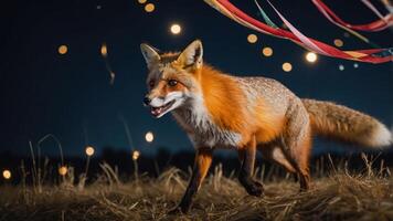 A fox walks through a field at night, surrounded by festive lights and ribbons. photo