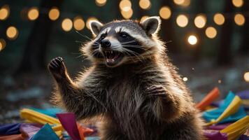A playful raccoon amidst colorful confetti and soft lights in a festive outdoor setting. photo