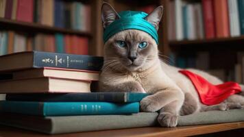 A stylish cat poses with books, showcasing a playful and intellectual vibe. photo