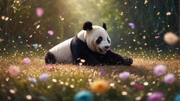 A playful panda in a vibrant, flower-filled meadow, basking in sunlight. photo