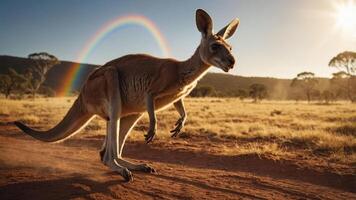 A kangaroo hops across a dusty path with a rainbow in the background during sunset. photo
