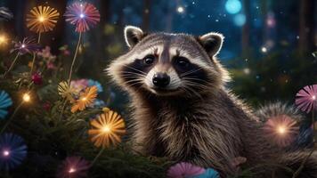 A raccoon surrounded by colorful flowers in a magical forest setting. photo