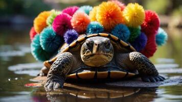 A turtle adorned with colorful pom-poms resting on a rock in a serene environment. photo