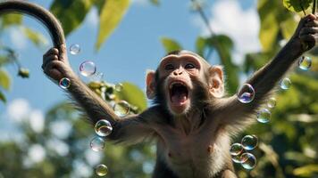 A playful monkey interacts with bubbles in a vibrant outdoor setting. photo