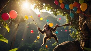 A playful monkey swings joyfully amidst colorful balloons in a vibrant jungle setting. photo