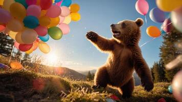 A playful bear interacting with colorful balloons during a sunset in a natural setting. photo