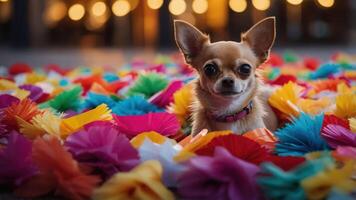 A Chihuahua sits among colorful paper decorations, creating a vibrant and playful scene. photo