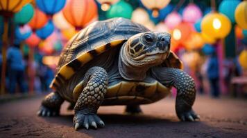 A tortoise moves through a vibrant festival setting with colorful lanterns. photo