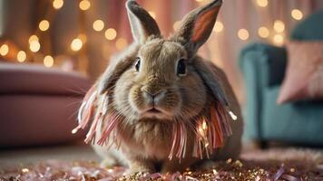 A cute rabbit adorned with decorative lights, sitting on a plush rug in a cozy setting. photo